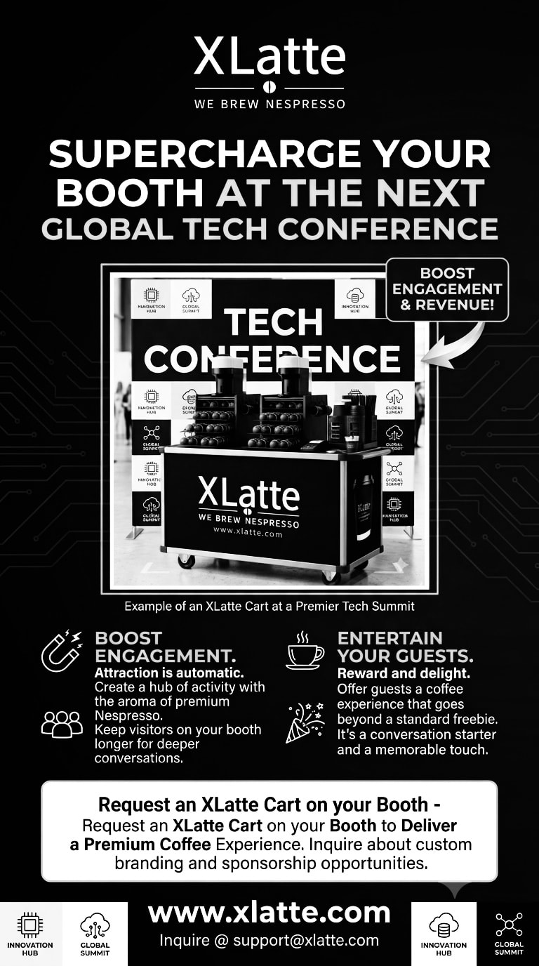 XLatte promotional flyer — Supercharge Your Booth at the Next Global Tech Conference