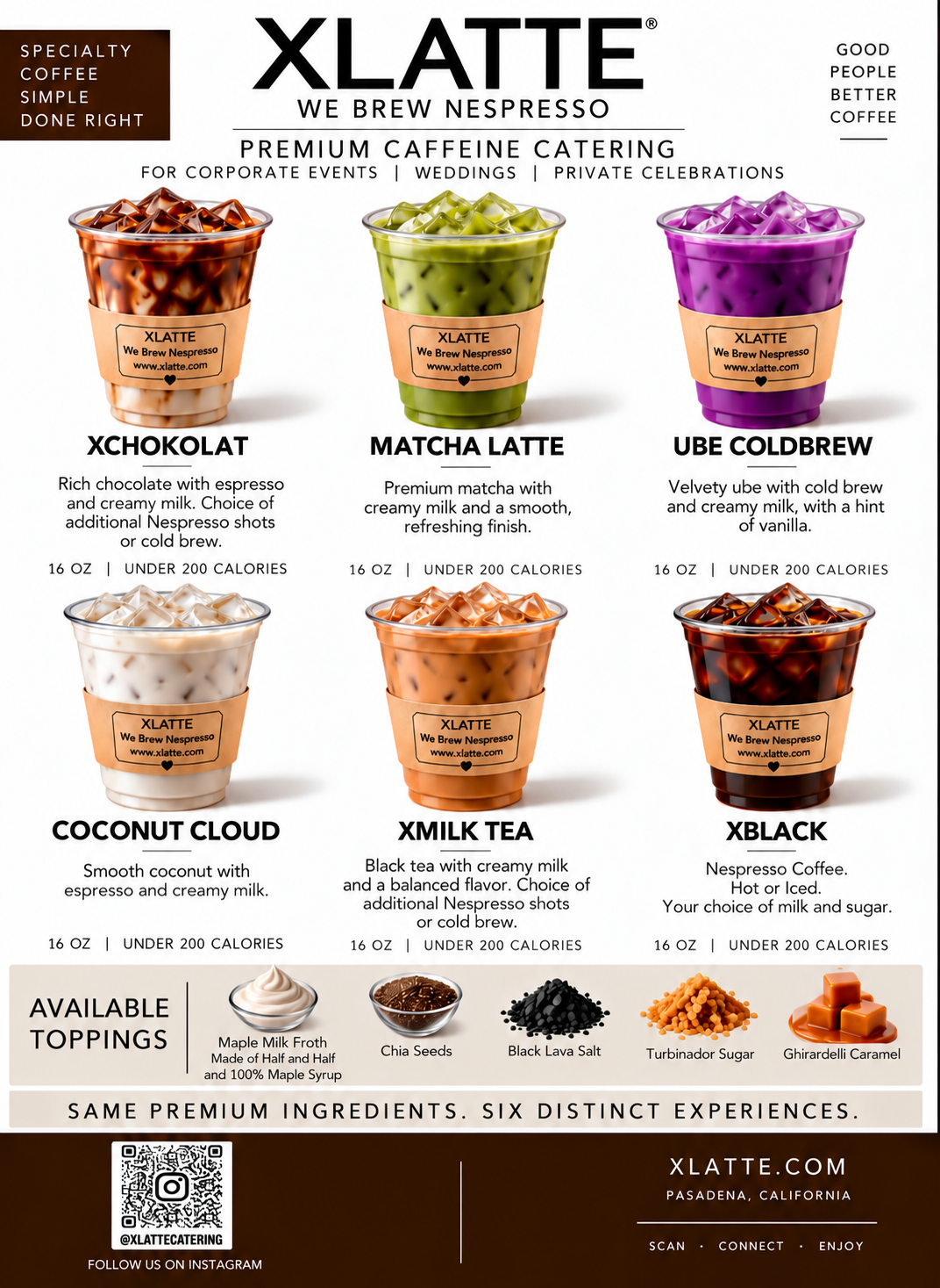 XLatte full menu flyer — Brew On-Site coffee and chocolate selections, XLatte Signature Ready-to-Drink beverages, customization options, and signature base guide