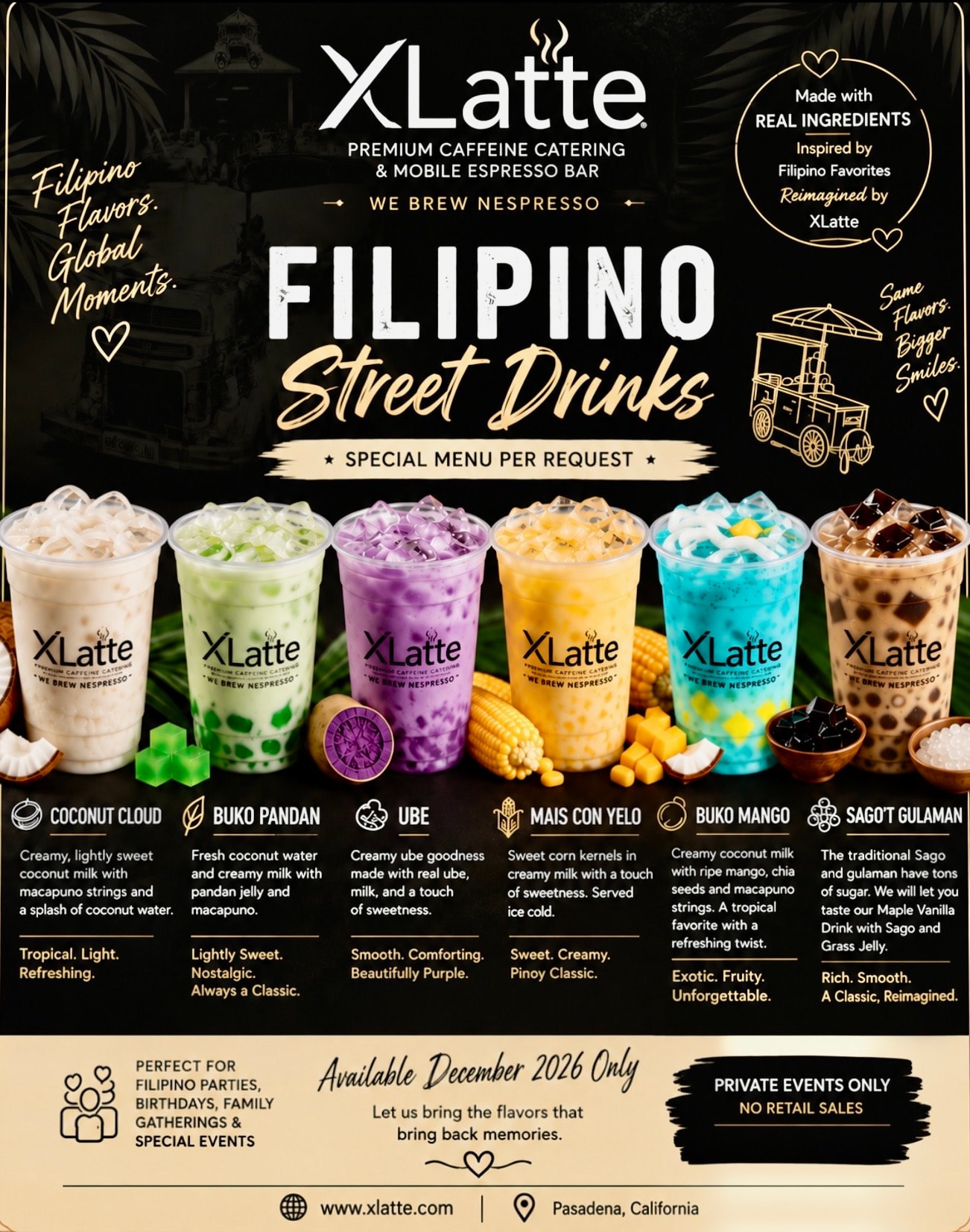 XLatte Filipino Street Drinks Collection — six specialty beverages for Christmas private events